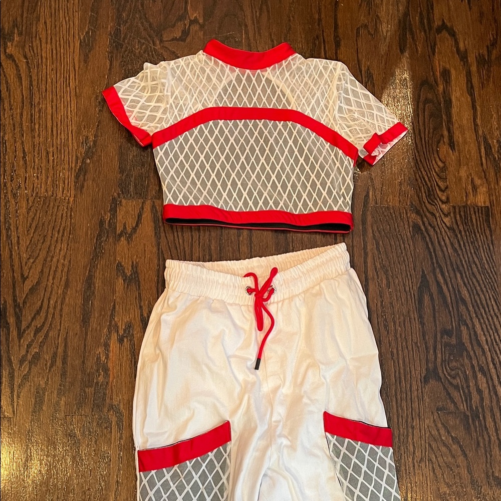 Red and White Mesh Two-Piece Set